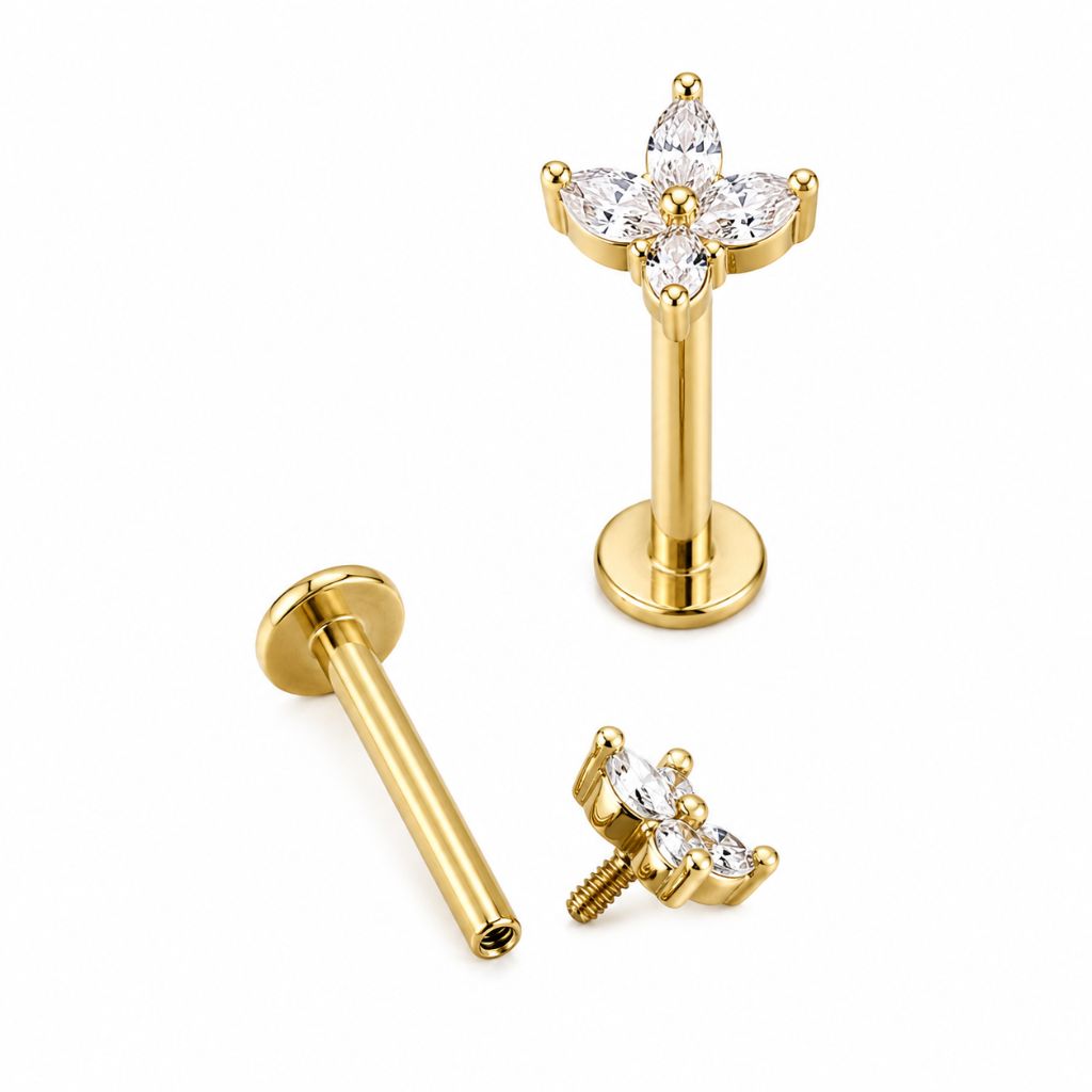 Flor 4 Petalos Oro 18K Italy Rosca Interna para Piercing