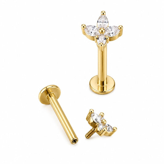 Flor 4 Petalos Oro 18K Italy Rosca Interna para Piercing