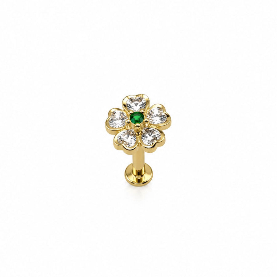 Labret Flor trébol con circones verdes y blancos en Oro 18K - EP729D | Evolution Piercing