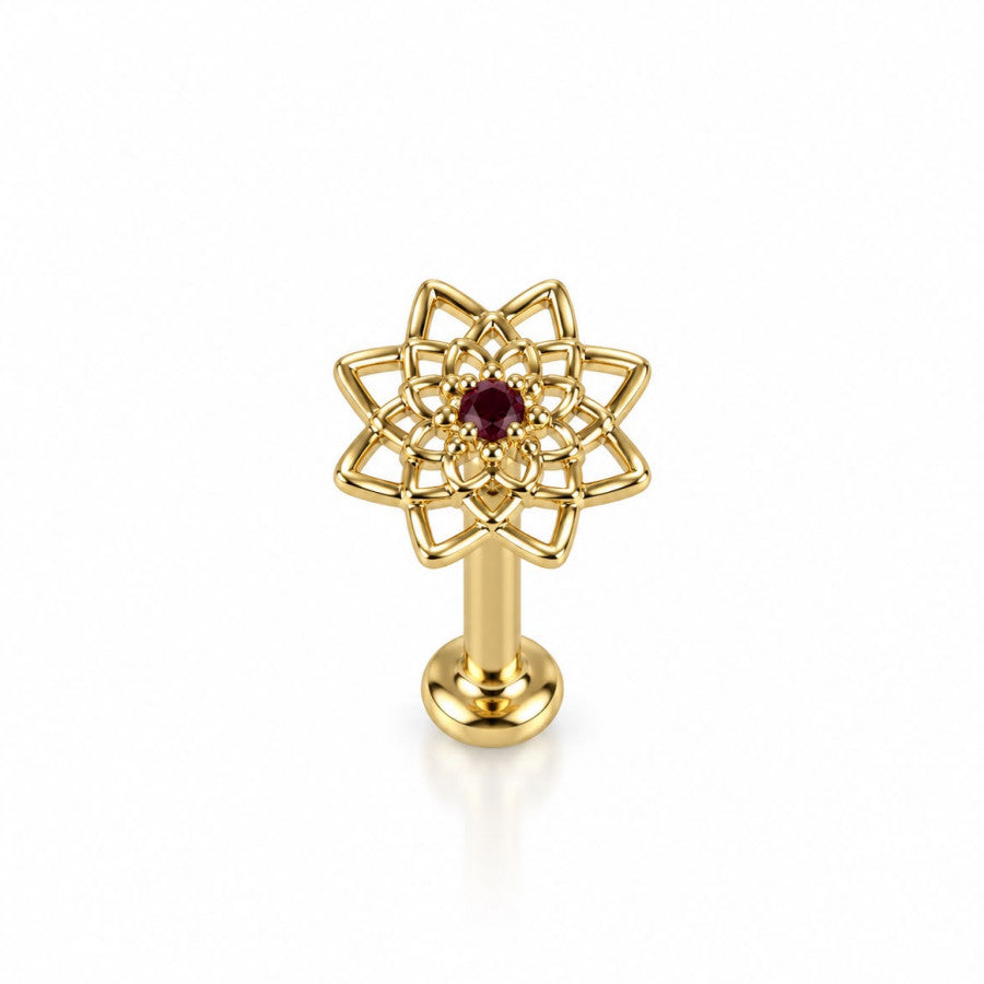 Labret Mandala con circón vino tinto en Oro 18K - EP729C | Evolution Piercing