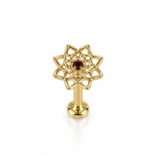 Labret Mandala con circón vino tinto en Oro 18K - EP729C | Evolution Piercing