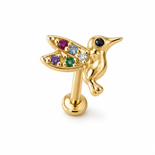 Labret colibrí en oro 18K para piercing de oreja - Evolution Piercing