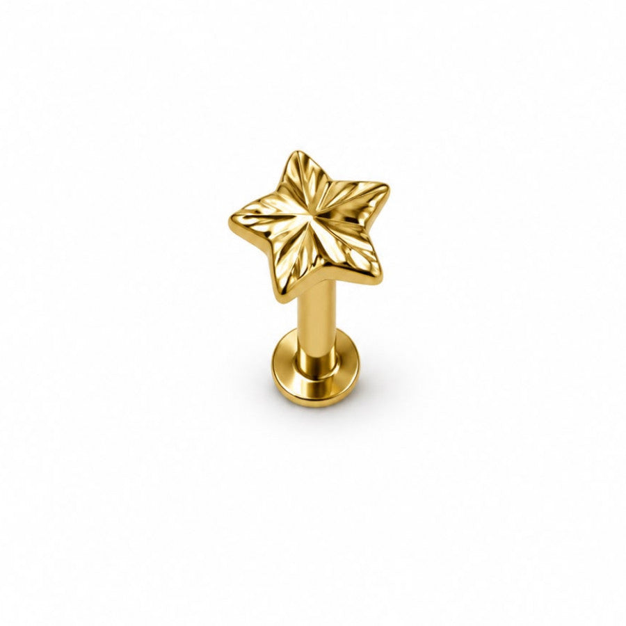 Labret Estrella texturizada con rosca interna en Oro 18K - EP729B | Evolution Piercing