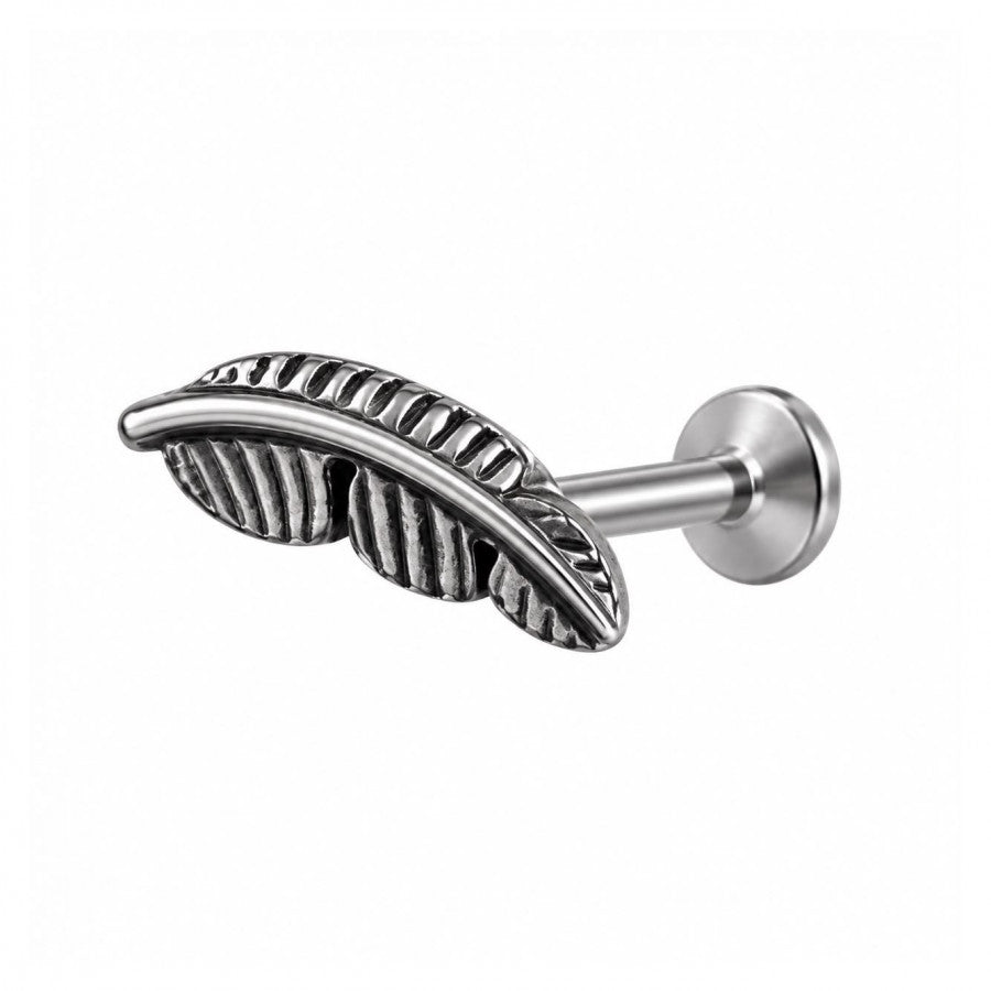 Labret de titanio con diseño de pluma para piercing de oreja o labio - EP569B | Evolution Piercing
