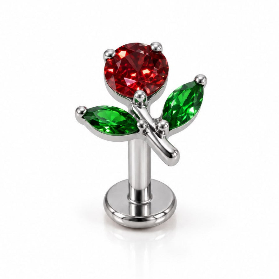 Labret rosa roja con dos hojas verdes y circón rojo en Titanio - EP172B