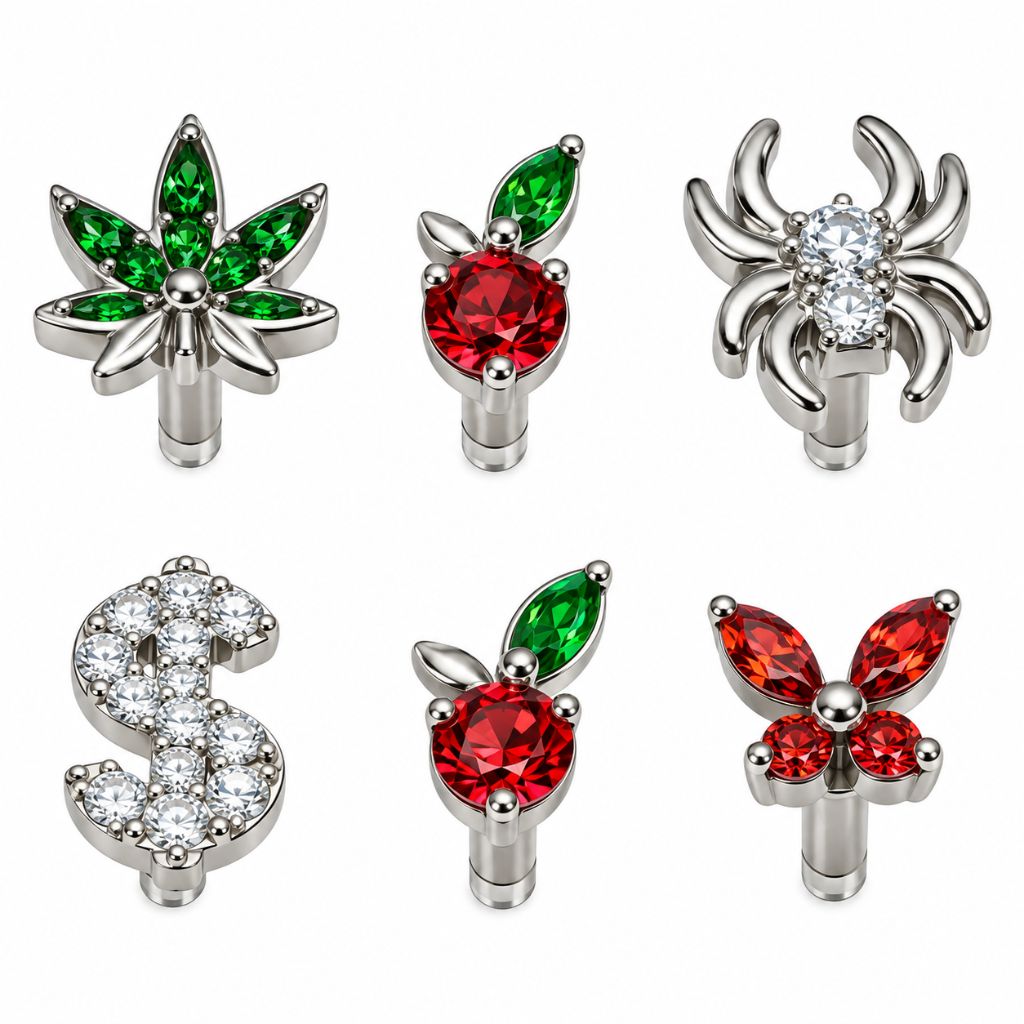 Top microdermal 14G Cereza, araña, cannabis, mariposa, luna, circón, corazón y ópalo en Titanio - EP185D | Evolution Piercing