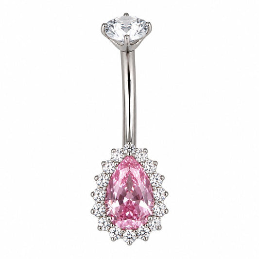 Piercing de ombligo de titanio con piedra rosada en forma de gota